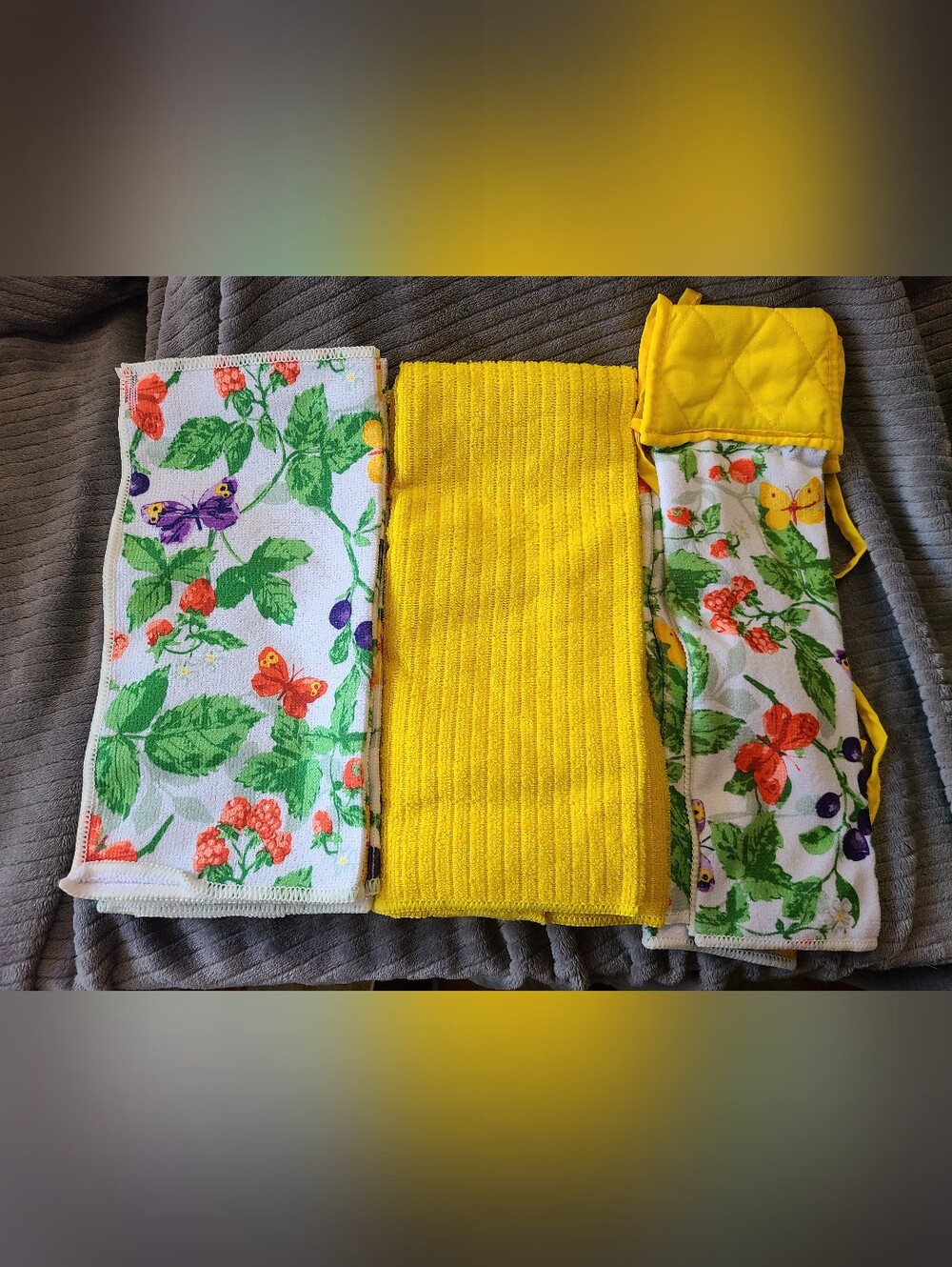 NEW kitchen 17 pc linen dish towel & dish cloth set, butterflies & berries